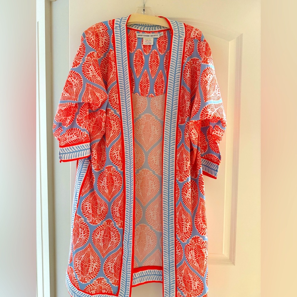 Gretchen Scott Designs Red and Blue Leaf Pattern Cape